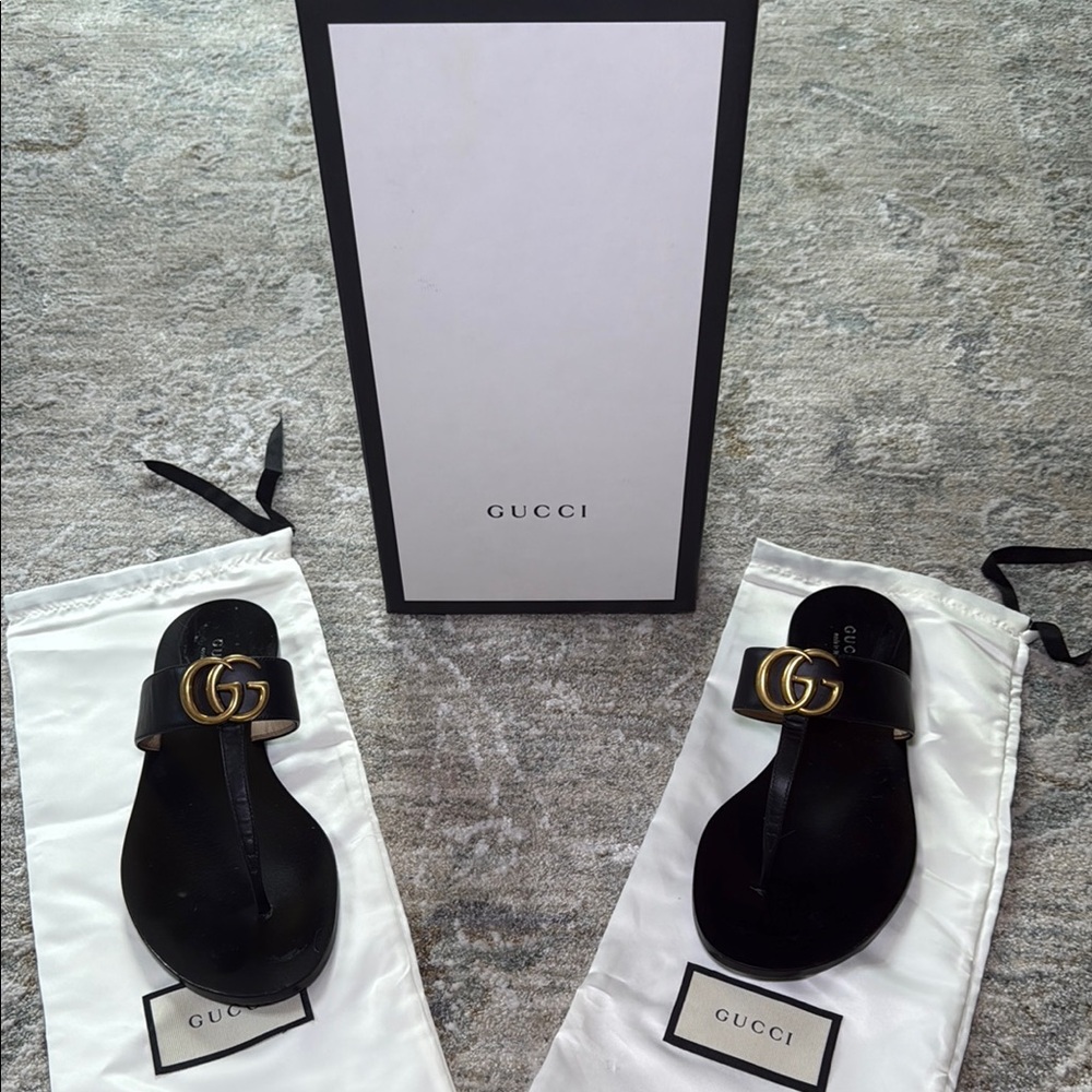 Gucci Black Sandals with Gold Logo